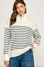 Load image into Gallery viewer, Rue Stipped Button Colar Sweater
