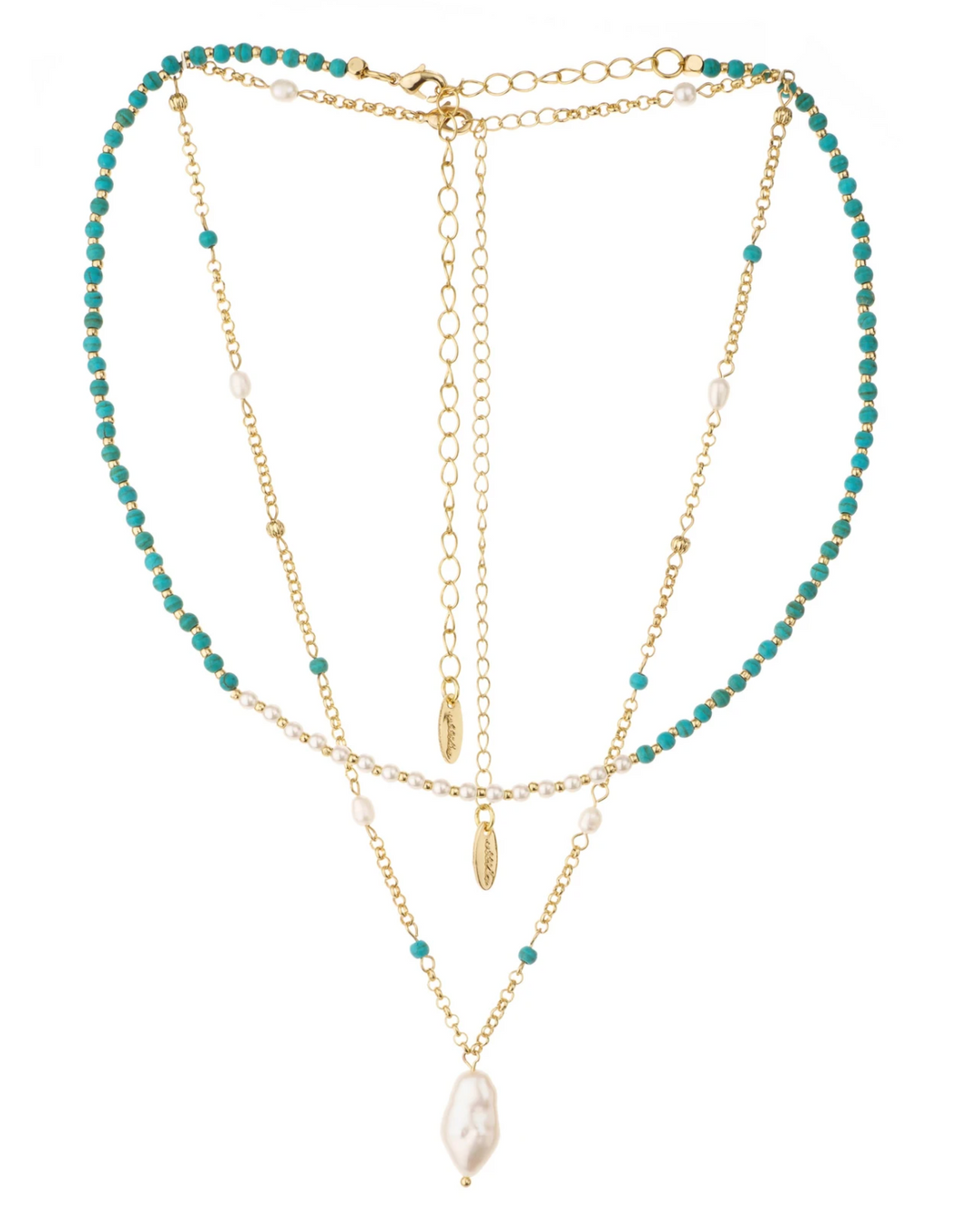 Single Strand Turquoise and Pearl Pendant Necklace Set in Gold